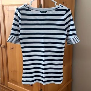 Black and white horizontal striped t-shirt.